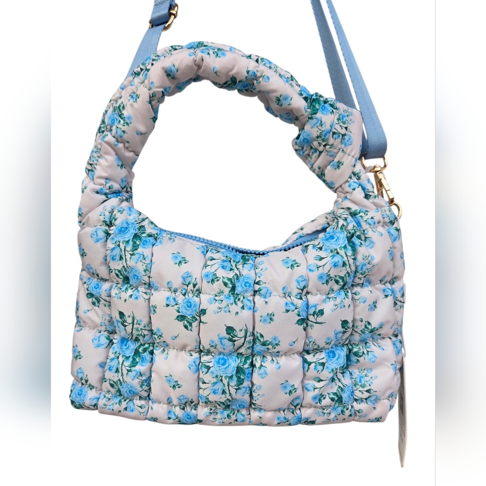 Urban Expressions Blue Floral Quilted Puffer Satchel Bag Convert To Crossbody - Picture 2 of 5